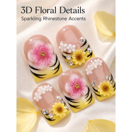Summer Garden 3D‑Floral Press‑On Nails, Short Square Handmade False Nails with Pink Flower & Sunflower, Yellow‑Black French Tips & Rhinestones